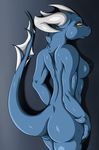  blue blue_body breasts butt claws dragon female grey grey_background horn kurtassclear nude pinup plain_background pose reptile scalie snake solo white yellow_eyes 