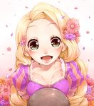  blonde_hair collarbone dress flower freckles green_eyes hair_flower hair_ornament long_hair open_mouth petals puffy_sleeves rapunzel_(disney) rojiko smile solo tangled very_long_hair 