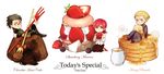  ahoge bad_id bad_pixiv_id black_hair blonde_hair blue_eyes brown_eyes butter cake chibi dessert fate/zero fate_(series) food fork fruit gae_buidhe gae_dearg kayneth_el-melloi_archibald lancer_(fate/zero) luyuan macaron pancake red_hair sola-ui_nuada-re_sophia-ri strawberry yellow_eyes 