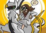  beard brown_hair duo english_text eyewear facial_hair feral green_sclera hair human jesus_christ legendary_pok&#233;mon male mammal nintendo pok&#233;mon pok&eacute;mon red_eyes riding sunglasses text unknown_artist video_games 