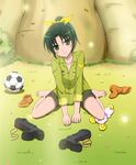  absurdres ball barefoot boots boots_removed candy_(smile_precure!) cross-laced_footwear green_eyes green_hair green_shirt head_tilt highres knee_boots lace-up_boots midorikawa_nao moeki_yuuta precure shirt shoes_removed short_hair short_ponytail shorts sitting smile_precure! soccer_ball socks_removed solo telstar wariza 