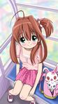  brown_hair from_above green_eyes highres jewelpet_(series) jewelpet_twinkle labra_(jewelpet) long_hair looking_up ruby_(jewelpet) sakura_akari side_ponytail smile tomita_hiroshi 