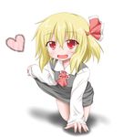  all_fours ascot blonde_hair blush fang hair_ribbon heart oden_(th-inaba) open_mouth red_eyes ribbon rumia shirt short_hair skirt skirt_lift skirt_set smile solo touhou vest 