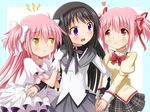  :t akemi_homura annoyed blush bow choker double_arm_hug dual_persona girl_sandwich gloves hair_bow heart holding_hands kaname_madoka long_hair magical_girl mahou_shoujo_madoka_magica multiple_girls open_mouth pink_hair pout purple_eyes red_eyes sandwiched school_uniform short_twintails skirt smile spoilers twintails two_side_up ultimate_madoka white_gloves yellow_eyes yoshitani_(aminosan) 