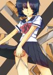  ashuho bad_id bad_pixiv_id black_hair brown_eyes drooling hair_over_one_eye nazo_no_kanojo_x panties pantyshot parted_lips school_uniform scissors serafuku short_hair skirt skirt_lift solo underwear urabe_mikoto white_panties 