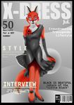  anthro barcode black_clothing black_dress blue_eyes blush canine clothed clothing cover crossdressing digital_media digital_media_(art) dipstick_tail dress ear_piercing english_text fangs flower fox front fur girly gloves heels high_heels kemonokun little_black_dress looking_at_viewer magazine magazine_cover makeup male mammal open_mouth orange_fur piercing pose rubber smile solo standing text 