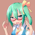 ascot bespectacled blush daiyousei double_ok_sign glasses green_eyes green_hair hair_ribbon kuromu_(underporno) ok_sign open_mouth ribbon short_hair side_ponytail solo touhou upper_body 