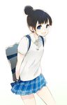  :d arms_behind_back bad_id bad_pixiv_id bag bangs black_hair blue_eyes fujisawa_machi highres looking_at_viewer open_mouth original plaid plaid_skirt pleated_skirt school_bag school_uniform short_hair simple_background skirt smile solo white_background 