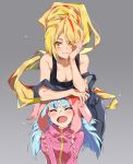  2girls absurdres bangs bare_shoulders blonde_hair blue_hair blush breast_rest breasts breasts_on_head chin_rest cleavage eyebrows_visible_through_hair eyes_visible_through_hair gimnang grey_background grin hair_over_one_eye highres hoshikawa_lily long_hair looking_at_viewer medium_breasts multicolored_hair multiple_girls nikaidou_saki open_mouth orange_eyes overalls pink_hoodie ponytail screaming simple_background smile strap_slip streaked_hair tank_top very_long_hair zombie_land_saga 