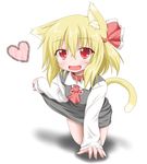  all_fours animal_ears ascot blonde_hair blush cat_ears cat_tail collar fang hair_ribbon heart kemonomimi_mode oden_(th-inaba) open_mouth red_eyes ribbon rumia shirt short_hair skirt skirt_lift skirt_set smile solo tail touhou vest 
