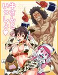  1girl animal_ears animal_print belt black_hair breasts brown_eyes buffalo_bell buffaloman cleavage clothes_writing commentary_request cow_horns cow_print crossover dynamite-kit elbow_gloves gloves horns huge_breasts idolmaster idolmaster_cinderella_girls kinnikuman moloch multiple_crossover navel nippon_professional_baseball oikawa_shizuku orix_buffaloes pink_eyes skirt tail yondemasu_yo_azazel-san. 