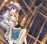  alice_margatroid bangs barefoot blonde_hair blue_dress book bookshelf bunny double_bun dress dutch_angle frilled_sleeves frills hairband hand_on_shoulder hat holding indoors library long_hair long_sleeves multicolored multicolored_eyes multiple_girls patchouli_knowledge purple_eyes purple_hair ribbon room slippers stairs striped too_many too_many_books touhou voile yellow_eyes yuki_shuuka yuri 