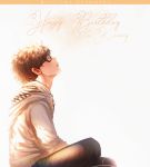  1boy backlighting black-framed_eyewear black_hair commentary english_commentary glasses happy_birthday highres hood hood_down hoodie iku_aldena indian_style looking_up messy_hair real_life real_life_insert short_hair sitting solo 