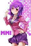  blush breasts glasses jas_(annkoromochi) looking_at_viewer medium_breasts mm! purple_hair purple_skirt red_eyes school_uniform short_hair skirt smile solo yuuno_arashiko 