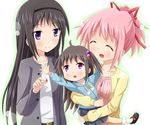  akemi_homura alternate_hairstyle black_hair blush carrying child closed_eyes hair_bobbles hair_ornament hair_ribbon hairband if_they_mated ips_cells kaname_madoka long_hair mahou_shoujo_madoka_magica mother_and_daughter multiple_girls pink_hair purple_eyes ribbon short_hair short_ponytail short_twintails smile twintails two_side_up white_background yoshitani_(aminosan) yuri 