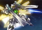  beam_rifle dual_wielding energy_gun energy_sword glowing gun gundam gundam_double_x holding mecha no_humans platin_(alios) satellite_cannon solo sword weapon 