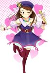  belt beret boots brown_hair dress earrings hat highres idolmaster idolmaster_(classic) jewelry leg_up long_hair microphone minase_iori necklace off_shoulder one_eye_closed palace_of_dragon_(idolmaster) pink_eyes solo thigh_boots thighhighs tsurui wrist_cuffs 