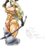  1girl abs amazon_(dragon's_crown) armlet armor bikini bikini_armor blonde_hair breasts dragon's_crown feathers gloves green_eyes hair_feathers halberd highres huge_breasts long_hair micro_bikini muscle muscular_female polearm solo swimsuit thick_thighs thighs weapon 