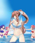  4girls :d ^_^ arm_behind_back beach bikini blue_eyes blue_sky bow bow_bikini breasts brown_hair closed_eyes cloud collarbone commentary day doki_doki_literature_club english_commentary eyebrows_visible_through_hair eyes_closed grabbing green_eyes hair_bow hair_ribbon hand_on_own_chest head_tilt highres large_breasts long_hair looking_at_another looking_at_viewer medium_breasts monika_(doki_doki_literature_club) multiple_girls natsuki_(doki_doki_literature_club) navel odakojirou one-piece_swimsuit open_mouth outdoors parted_lips pink_hair pink_swimsuit ponytail purple_bikini purple_hair red_bikini red_bow ribbon sarong sayori_(doki_doki_literature_club) short_hair sky small_breasts smile splashing stomach swimsuit two_side_up very_long_hair wading water white_bikini white_ribbon yuri_(doki_doki_literature_club) 