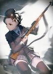  bad_id bad_pixiv_id black_legwear bolt_action brown_eyes brown_hair ekao gun hat mauser_98 original rifle short_hair sitting skirt soldier solo thighhighs weapon wehrmacht world_war_ii zettai_ryouiki 