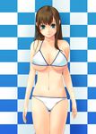  bad_id bad_pixiv_id bikini breasts brown_hair checkered checkered_background collarbone green_eyes highres kirishima_satoshi large_breasts long_hair navel original parted_lips sofmap sofmap_background solo standing step_and_repeat swimsuit thigh_gap underboob 