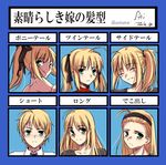  :&lt; ^_^ ahoge alternate_hairstyle artoria_pendragon_(all) bare_shoulders blonde_hair blush closed_eyes cosplay fate/stay_night fate/unlimited_codes fate_(series) forehead frown green_eyes hair_down hairband highres long_hair ponytail saber saber_lily short_hair side_ponytail toosaka_rin toosaka_rin_(cosplay) translated tusia 