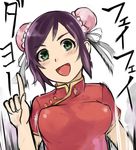  :d bun_cover china_dress chinese_clothes double_bun dress green_eyes idolmaster idolmaster_cinderella_girls nerotarou@seven open_mouth pointing purple_hair short_hair smile solo yao_feifei 