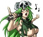  1girl arrancar bleach breasts closed_eyes espada facial_mark green_hair large_breasts long_hair microphone music nelliel_tu_odelschwanck older pinky_out revealing_clothes singing skull solo torn_clothes underboob 