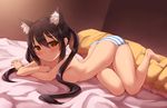  :&lt; animal_ears bad_id bad_pixiv_id bare_legs barefoot black_hair blush brown_eyes butt_crack cat_ears fake_animal_ears k-on! long_hair looking_at_viewer lying nakano_azusa on_side panties solo striped striped_panties topless twintails underwear underwear_only zenn 