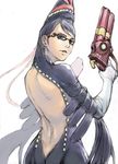  1girl back back_cutout backless_outfit bare_back bayonetta bayonetta_(character) black_hair bodysuit dimples_of_venus elbow_gloves glasses gloves gun handcannon long_hair looking_back solo weapon 
