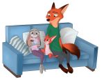  baby bedding blanket canine clothing disney dress fan_character female fox isabelle_wilde judy_hopps lagomorph male mammal nick_wilde pillow rabbit simple_background sofa trashasaurusrex white_background young zootopia 