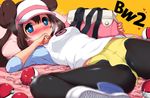  bag biting black_legwear blue_eyes blush breasts brown_hair covered_nipples double_bun finger_biting imazon legwear_under_shorts long_hair looking_at_viewer lying mei_(pokemon) panties pantyhose pillow pokemon pokemon_(game) pokemon_bw2 raglan_sleeves shoes shorts small_breasts solo twintails underwear visor_cap 