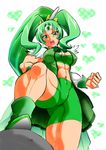  abs bad_id bad_pixiv_id big_hair bike_shorts bra breasts center_opening clenched_hand covered_nipples cure_march earrings forehead_jewel foreshortening from_below green green_eyes green_hair green_shorts headband heart heart_background high_ponytail highres jewelry large_breasts long_hair marimo_(yousei_ranbu) midorikawa_nao muscle muscular_female navel precure shorts smile_precure! solo stepped_on thick_thighs thighs underwear very_long_hair 