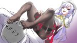  1boy 1girl ajax_(azur_lane) artist_request azur_lane bed dress faceless faceless_male feet foot_licking foot_on_head grin hat licking long_hair looking_down lying open_mouth pantyhose purple_hair sitting sitting_on_person smile teeth tongue translation_request 