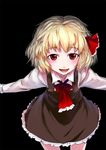  black_background blonde_hair fang hair_ribbon open_mouth outstretched_arms red_eyes ribbon rumia short_hair simple_background sinzan solo touhou 
