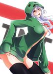  arched_back bad_id bad_pixiv_id black_legwear breasts creeparka creeper hood hoodie large_breasts lavender_hair leaning_forward long_hair looking_at_viewer minecraft open_clothes open_hoodie open_mouth red_eyes solo thighhighs tnt tongue tongue_out yukichin 