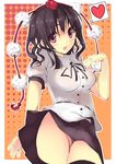  akesaka_iku black_hair blush breasts dress_shirt halftone hat heart looking_at_viewer medium_breasts no_panties open_mouth pom_pom_(clothes) red_eyes shameimaru_aya shirt short_hair skirt smile solo spoken_heart tassel thighhighs tokin_hat touhou white_legwear 