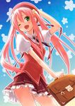  absurdres briefcase cafe_sourire eretto highres indoors long_hair mizushima_serika no_panties one_eye_closed open_mouth pink_hair skirt solo vest 