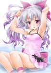  aquarion_(series) aquarion_evol armpits bow casual_one-piece_swimsuit crea_dorosera hair_bow legs long_hair one-piece_swimsuit ponytail purple_eyes purple_hair ribbon shinozuki_takumi sitting solo swimsuit thighs 