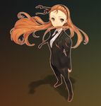  arms_at_sides bad_id bad_pixiv_id brown_eyes brown_hair formal from_above gradient gradient_background hair_blowing hairband idolmaster idolmaster_(classic) long_hair minase_iori necktie outline smile solo standing suit tu_(mamalag) wind 