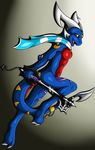  anthro blue breasts claws dragon female horn jewelry key kingdom_hearts kurtassclear open_mouth paws red running scalie scarf smile solo sword weapon white yellow yellow_eyes 