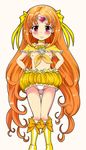  blush boots bow breasts choker cure_muse_(yellow) feet_out_of_frame hair_bow hair_ribbon knee_boots knees_together_feet_apart long_hair navel nipples orange_hair pink_eyes precure ribbon shirabe_ako skirt small_breasts small_nipples solo standing suite_precure sweatdrop tenpou_gensui thigh_gap upskirt very_long_hair wavy_mouth yellow_bow yellow_choker 