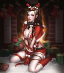  1girl black_bow bow breasts brigitte_(overwatch) brown_eyes brown_hair christmas cleavage hair_ornament large_breasts liang_xing long_hair looking_at_viewer overwatch parted_lips ponytail sitting solo thighhighs 