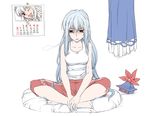  alternate_costume bags_under_eyes blue_hair calendar_(object) casual disheveled elf_(stroll_in_the_woods) fujiwara_no_mokou hat hat_removed headwear_removed indian_style kamishirasawa_keine long_hair pants red_eyes shaded_face sitting solo tank_top touhou track_pants white_hair 