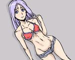  bare_shoulders bb_(baalbuddy) bikini_top breasts casual choujuushin_gravion denim denim_shorts dutch_angle leele long_hair lowleg lowleg_shorts medium_breasts midriff no_panties purple_eyes purple_hair short_shorts shorts simple_background slender_waist solo underboob 