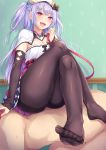  1boy 1girl ajax_(azur_lane) all_fours artist_request azur_lane blush breasts cleavage clothed_female_nude_male collar dress feet femdom grin hat leash legs_crossed long_hair looking_at_viewer medium_breasts nude open_mouth out_of_frame pantyhose pink_eyes pov_feet purple_hair sitting sitting_on_person slave smile teeth tongue 