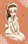  adapted_costume bare_legs blush boots bottomless bow brown_eyes brown_hair calpara embarrassed fujiwara_hazuki glasses hair_bow hair_ribbon headdress highres lace lace_background long_hair looking_at_viewer musical_note ojamajo_doremi ojamajo_doremi_16 orange_background orange_ribbon ponytail ribbon seiza sitting solo 