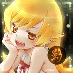  bare_shoulders blonde_hair fang lowres monogatari_(series) nisemonogatari open_mouth oshino_shinobu pointy_ears shima_riu smile smug solo yellow_eyes 