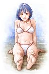  barefoot bikini blue_hair edih feet foreshortening looking_at_viewer navel original pov_feet red_eyes short_hair sitting smile soles solo swimsuit toes 