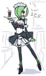  belly blush bow breasts cleavage clothed clothing drink female gardevoir green_hair hair hair_over_eye humanoid ice koffing maid maid_uniform midriff navel nintendo pok&#233;mon pok&eacute;mon pose red_eyes shoes simple_background skirt smile solo straw unknown_artist video_games white_body 